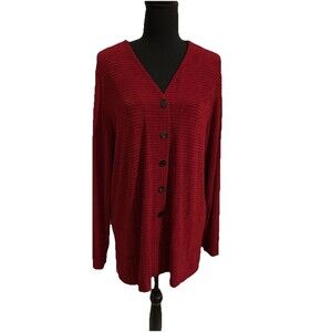 Chicos Travelers Size 3 Womens XL Jacket Red Black Slinky Long Button Front